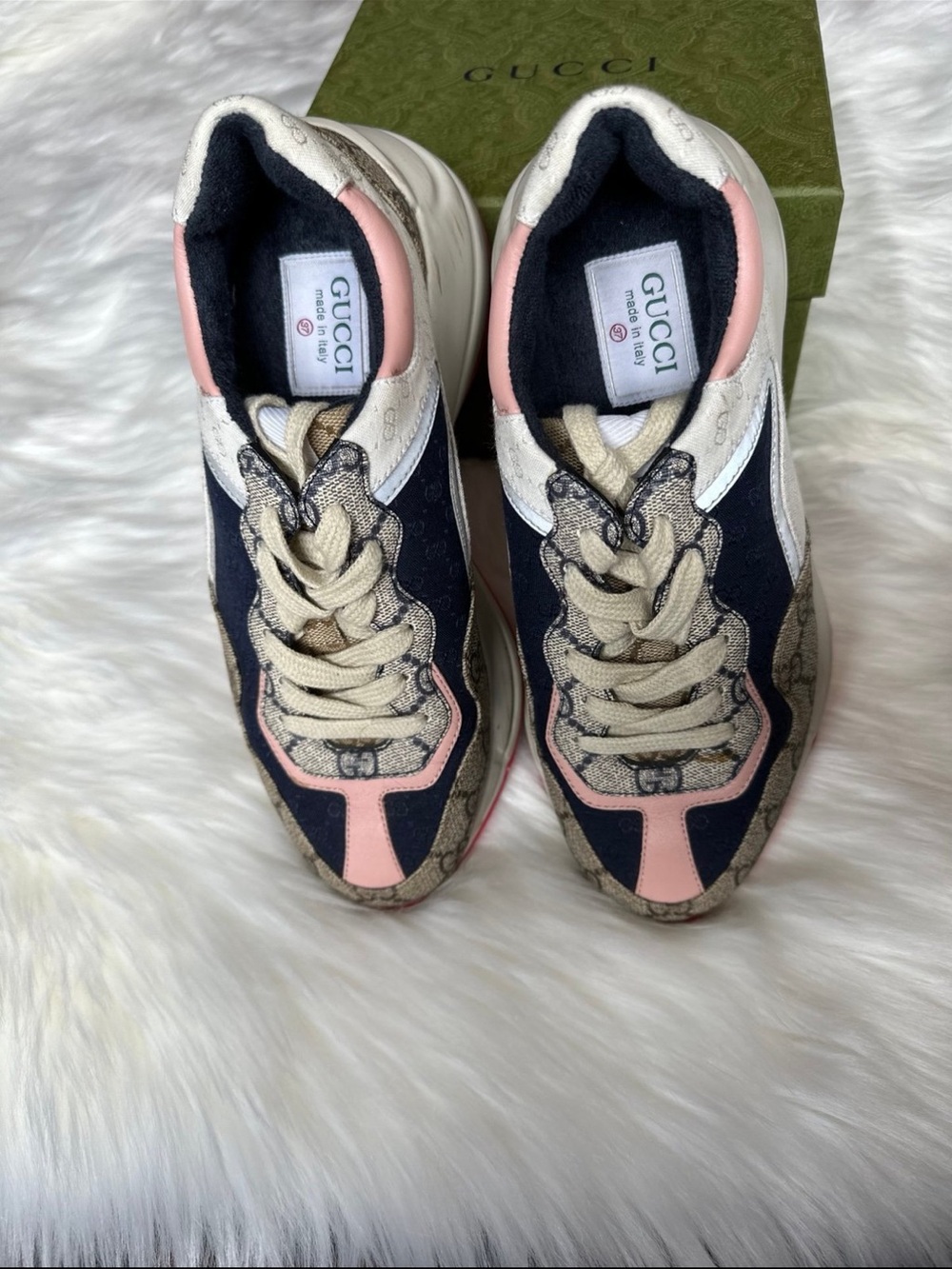 Gucci Multicolor GG Canvas & Navy Sneakers with Pink Accents